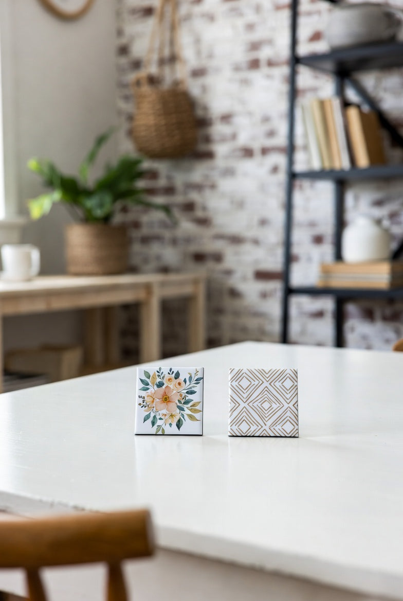 Two decorative magnets on a white table with a blurred background of a room.