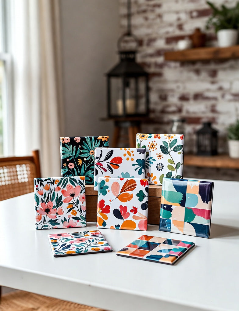 Colorful patterned square magnets on a white table with a kitchen background