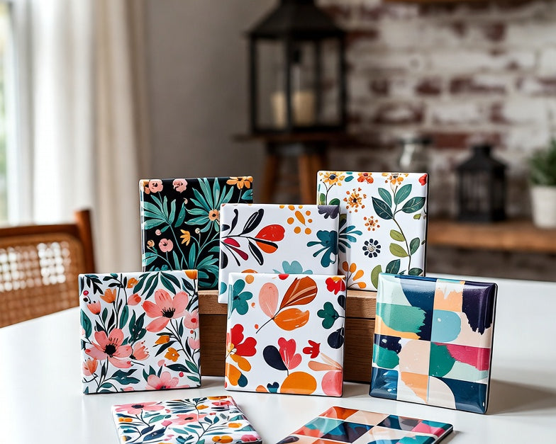 Colorful patterned square magnets on a white table with a kitchen background