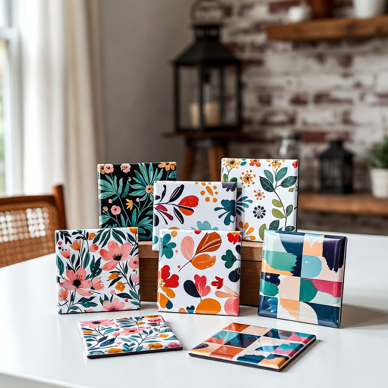 Colorful patterned square magnets on a white table with a kitchen background