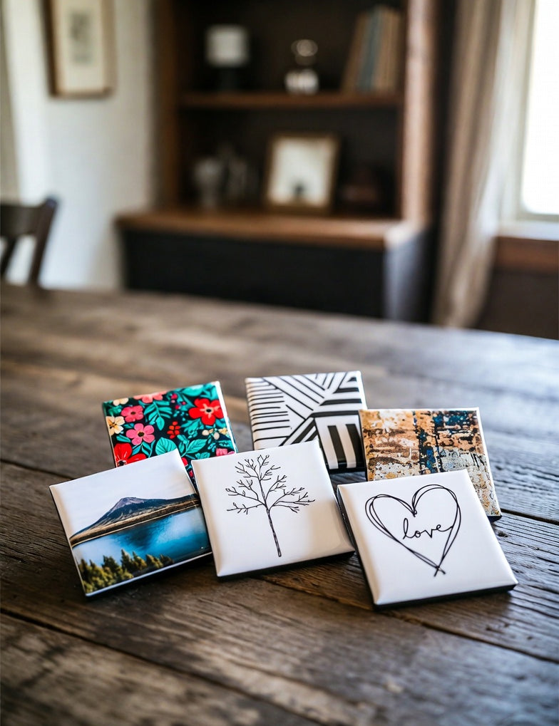 A pack of 6 square custom photo magnets with various designs on a wooden surface