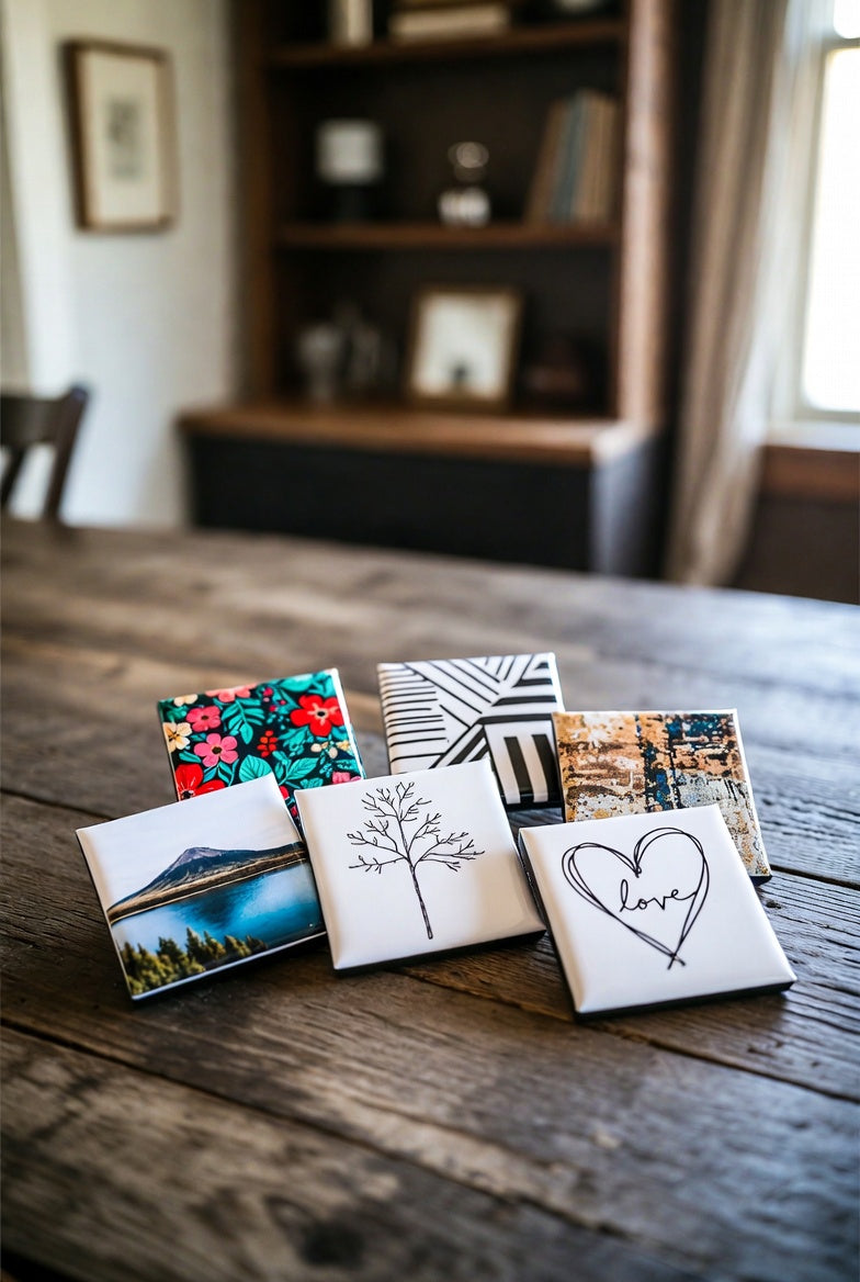 A pack of 6 square custom photo magnets with various designs on a wooden surface