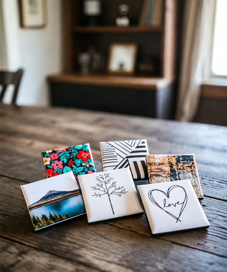 A pack of 6 square custom photo magnets with various designs on a wooden surface