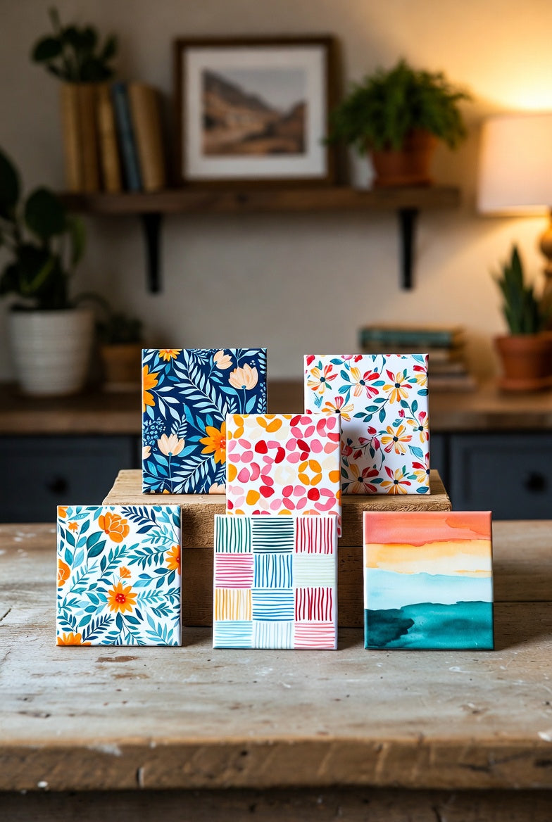 A pack of 6 square custom photo magnets stacked on a wooden surface with a blurred indoor background