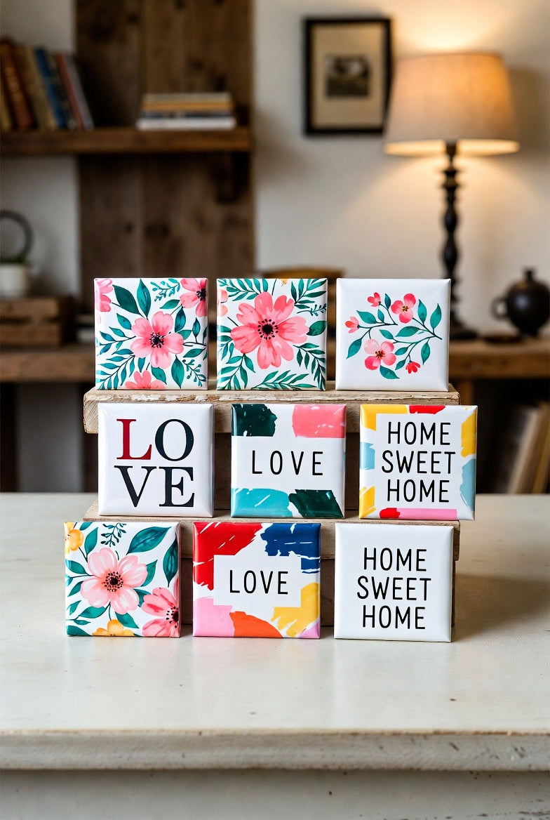 A pack of 9 square custom photo magnets with floral and text designs on a table.