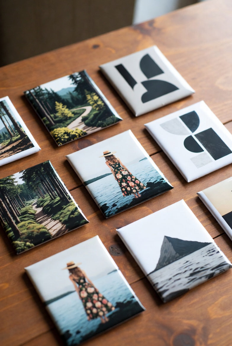A pack of 9 square custom photo magnets with nature and abstract designs on a wooden surface