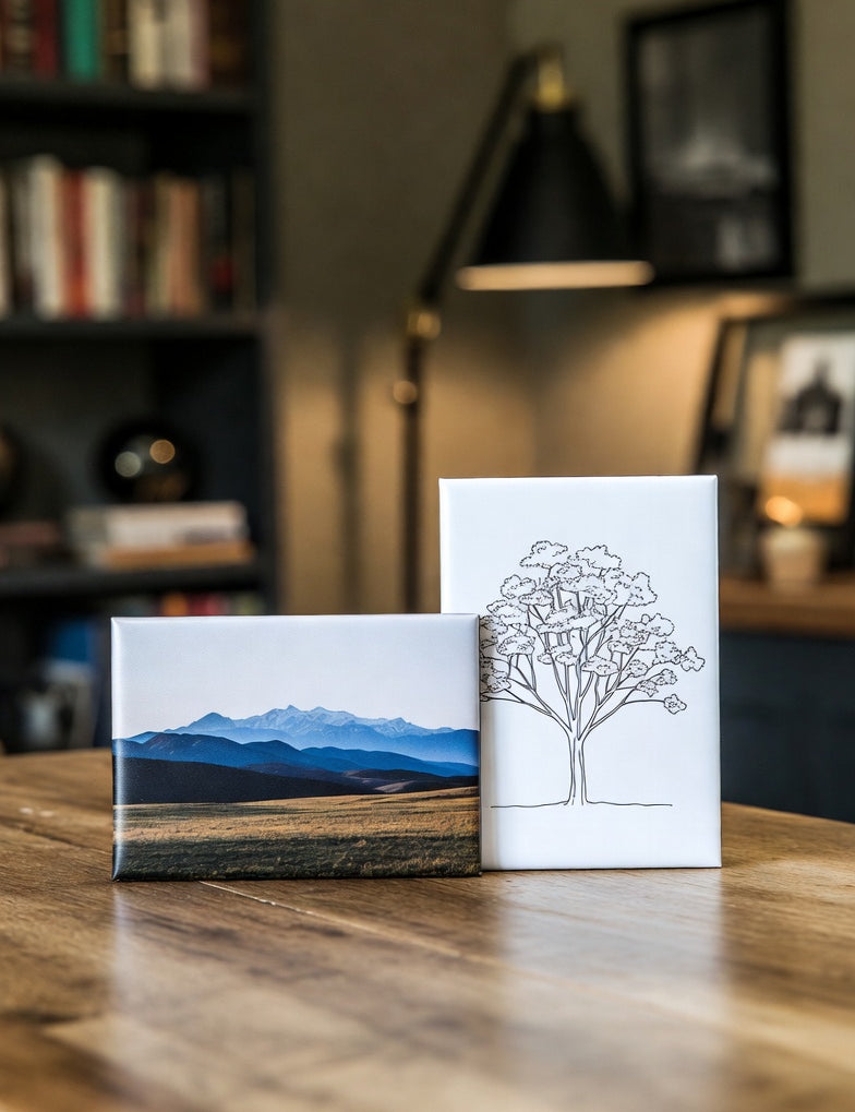 Two square custom photo magnets on a wooden table with a blurred room background