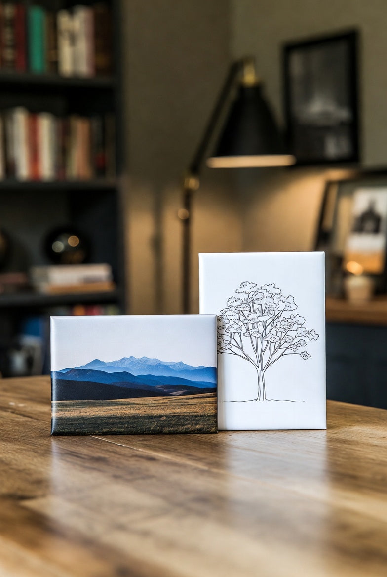 Two square custom photo magnets on a wooden table with a blurred room background