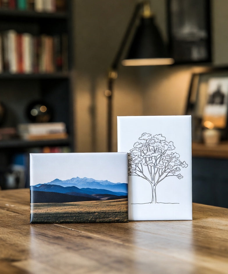 Two square custom photo magnets on a wooden table with a blurred room background