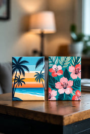 Two custom rectangle photo magnets on a wooden surface, one with a beach scene and palm trees, the other with floral design.