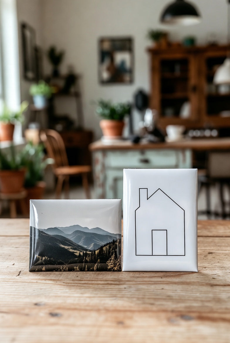 Two custom rectangle photo magnets on a wooden surface with a blurred indoor background