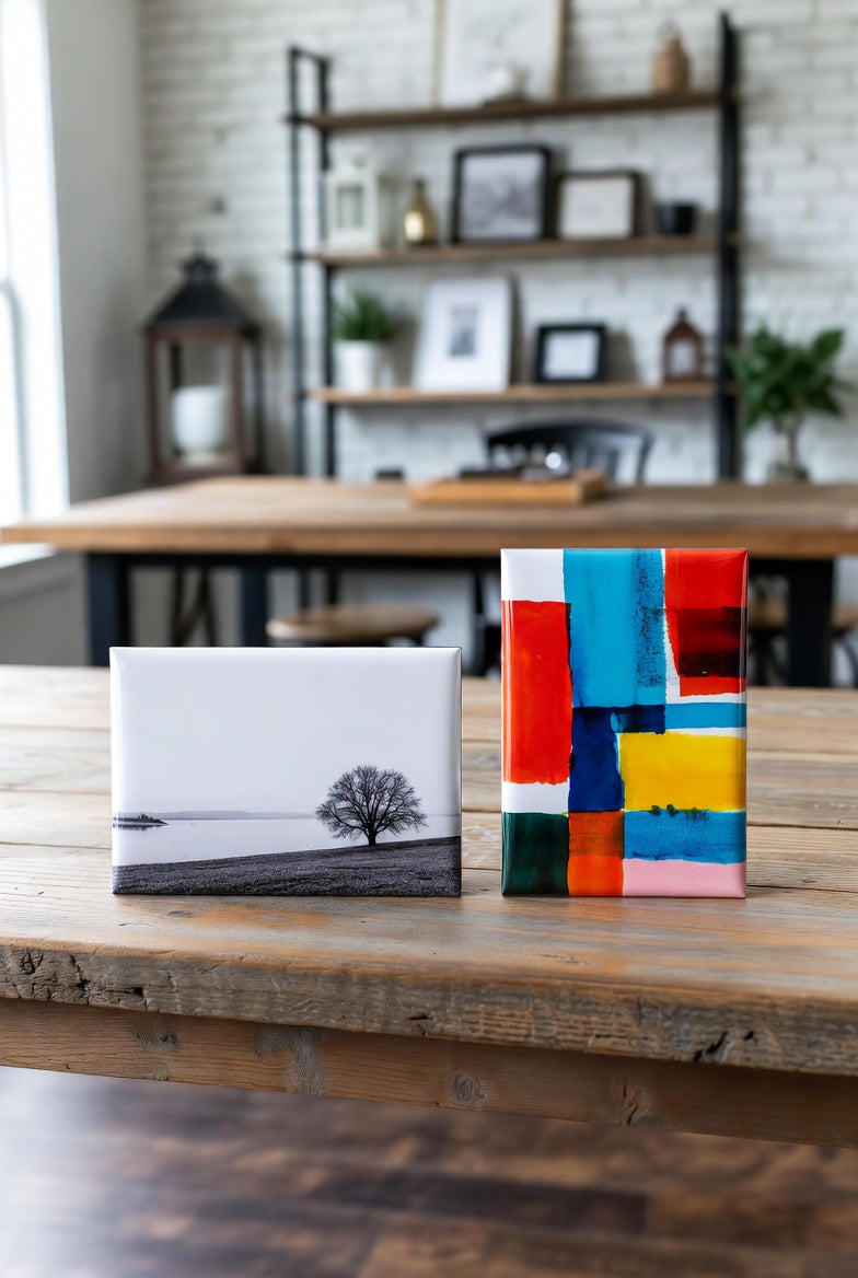 Two custom rectangle photo magnets on a wooden surface with a blurred indoor setting.