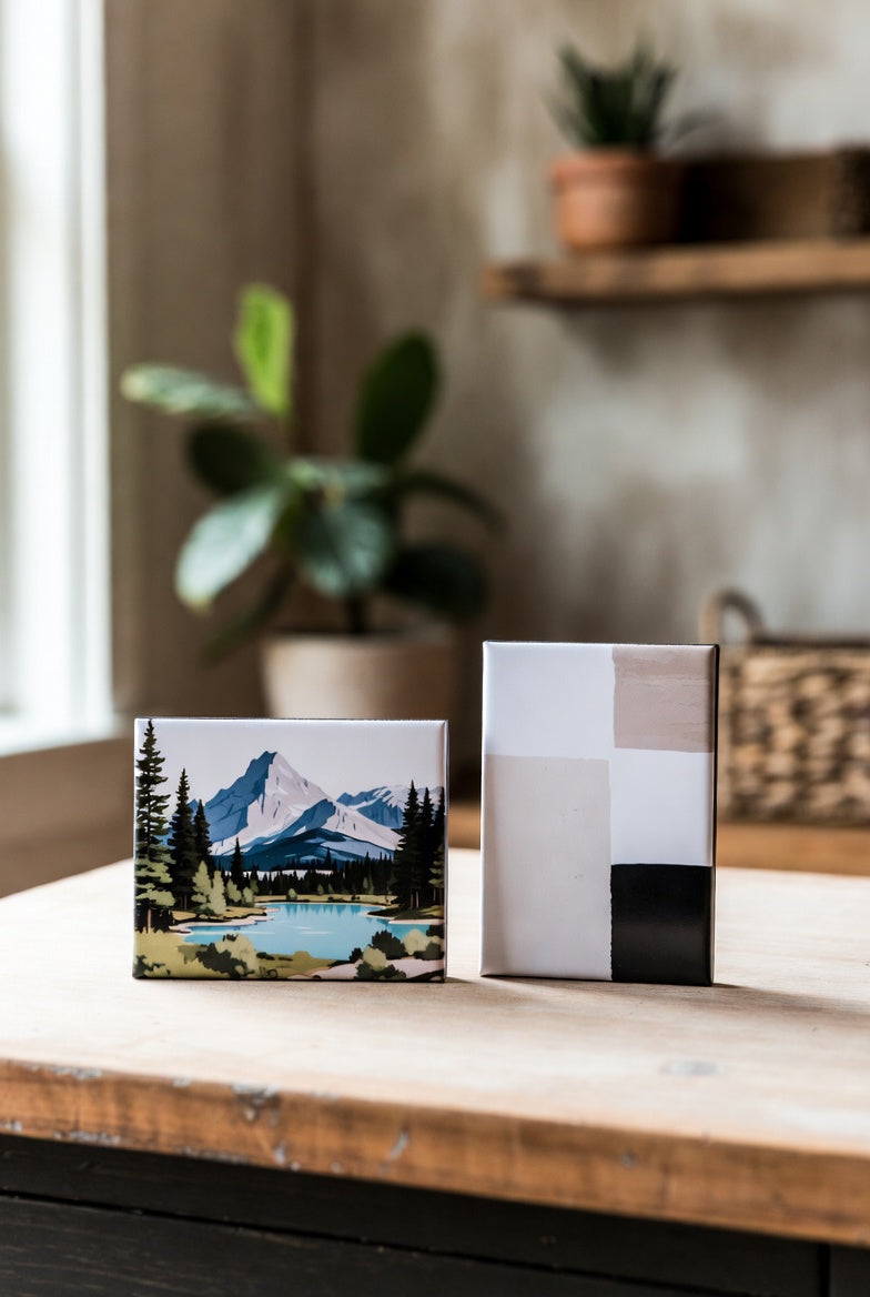 Two custom 2"x3" magnets on a wooden surface with a mountain and landscape design.