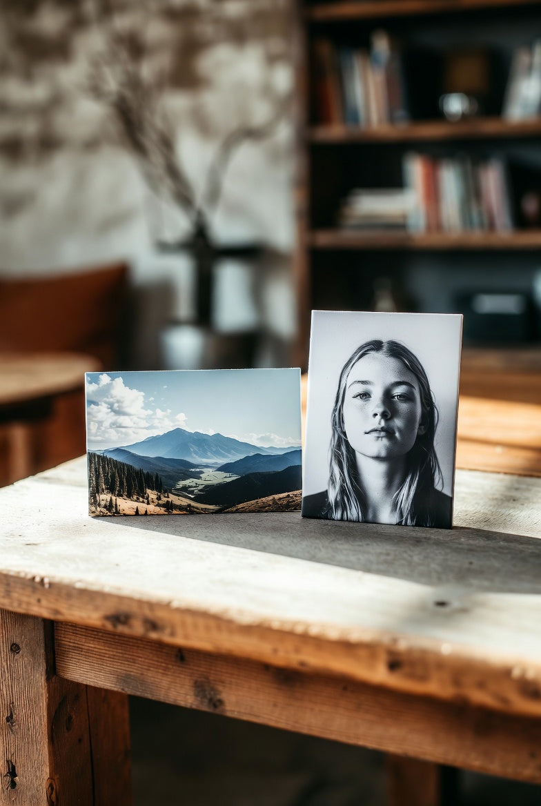 Two custom rectangle photo magnets on a wooden table, one of a mountain landscape and the other of a person, with a blurred indoor setting in the background.