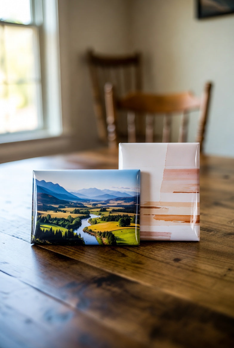 Two small rectangular magnets on a wooden table with a blurred background