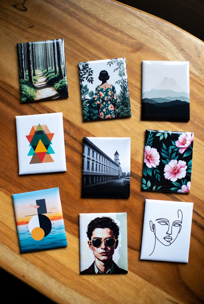 A pack of 9 rectangle custom photo magnets on a wooden surface