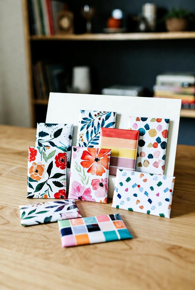 A pack of 9 rectangle custom photo magnets on a wooden surface with a blurred background