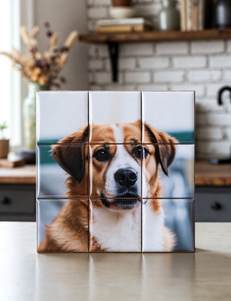 Custom Puzzle Magnet Set 3x3 of a dog, set against a kitchen background.
