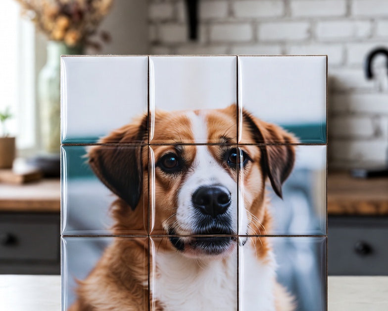 Custom Puzzle Magnet Set 3x3 of a dog, set against a kitchen background.