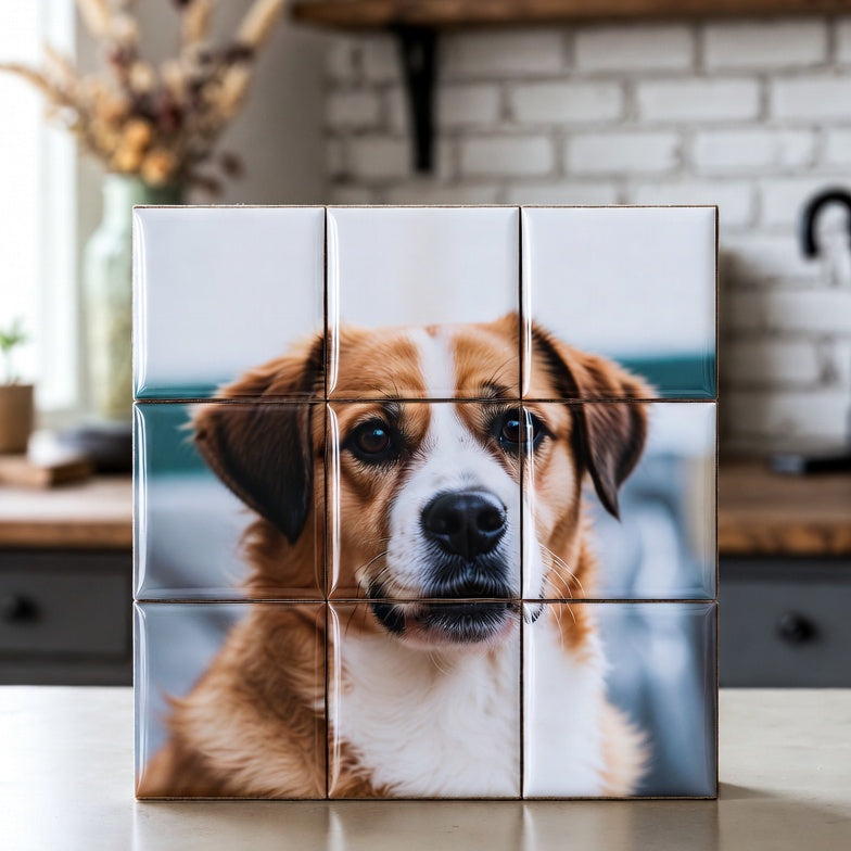 Custom Puzzle Magnet Set 3x3 of a dog, set against a kitchen background.