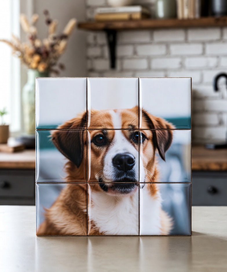 Custom Puzzle Magnet Set 3x3 of a dog, set against a kitchen background.