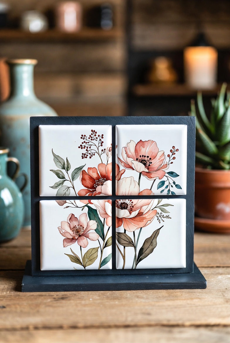 Four floral Custom Puzzle Magnet Set 2x2 on a stand with a wooden background