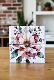 Floral design custom Puzzle Magnet Set 2x2 four piece set on a kitchen backsplash with a blurred kitchen background