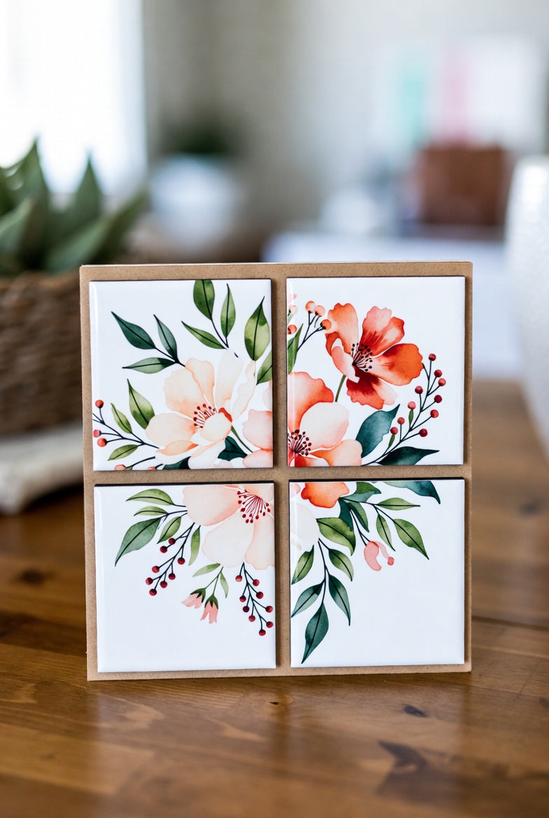 Custom Puzzle Magnet Set 2x2 on a wooden frame on a wooden surface with a blurred background