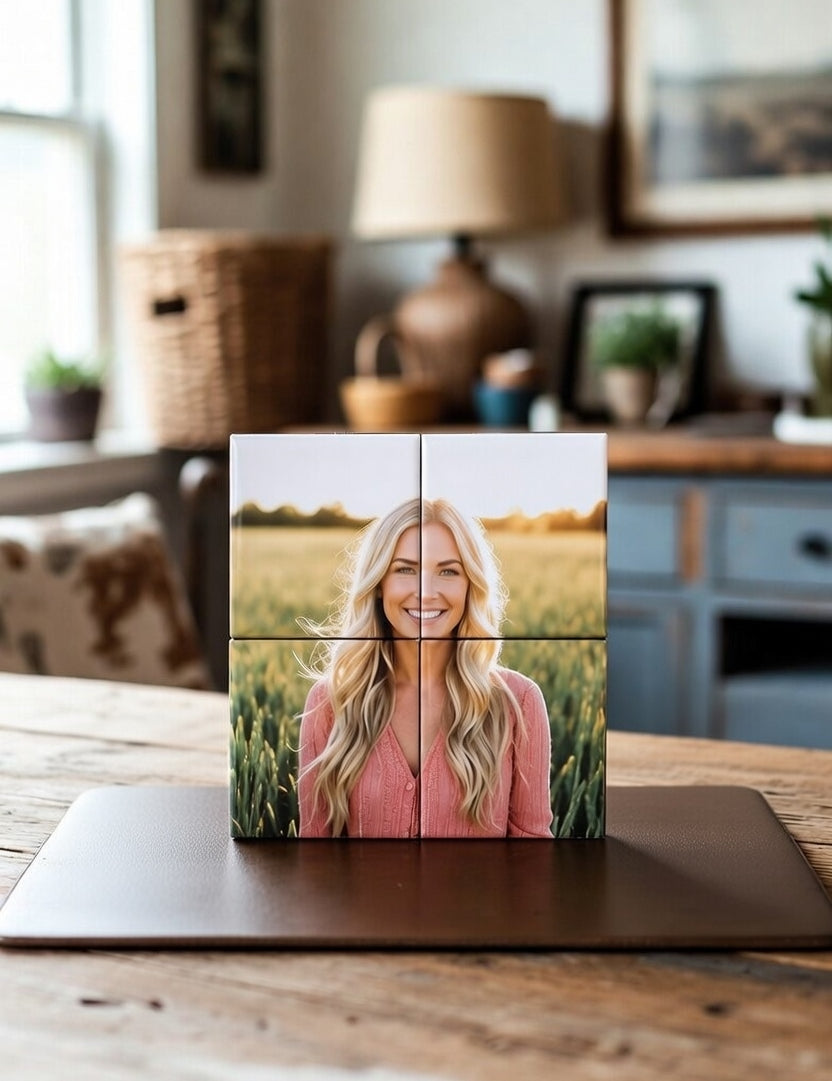 Four-panel magnet custom puzzle set mosaic of a woman in a field on a wooden surface.