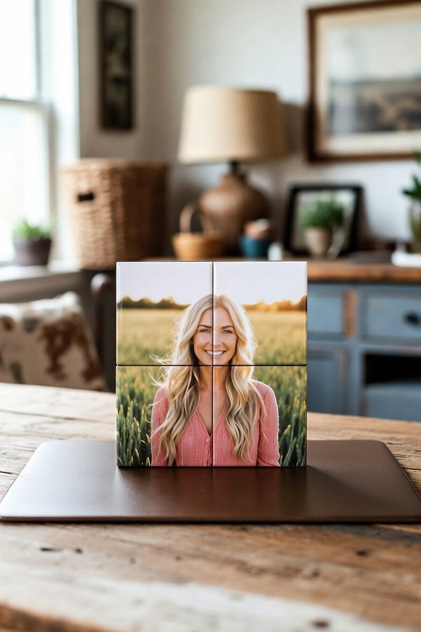 Four-panel magnet custom puzzle set mosaic of a woman in a field on a wooden surface.