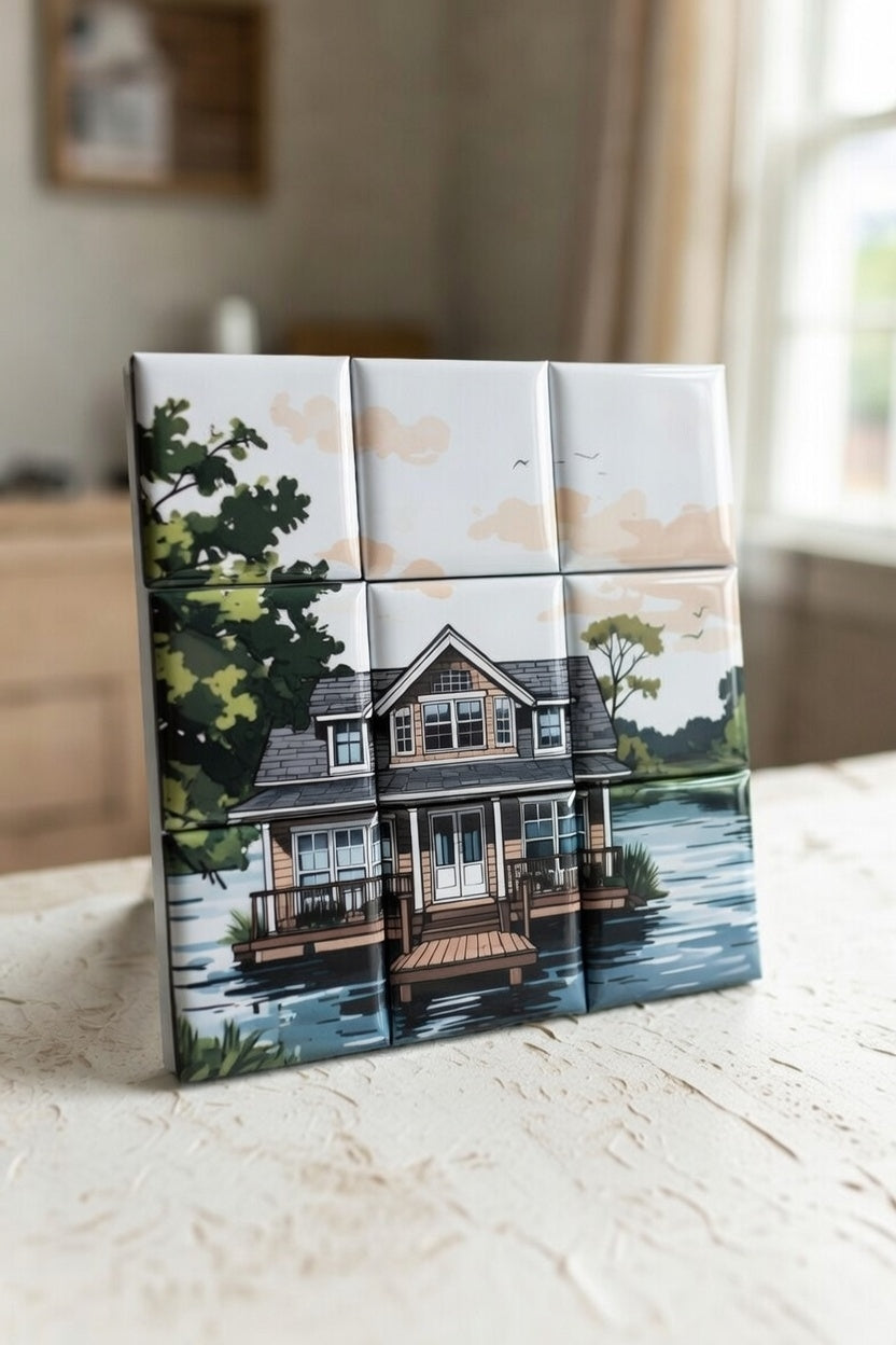 Custom Puzzle Magnet Set 3x3 of a house on a lake
