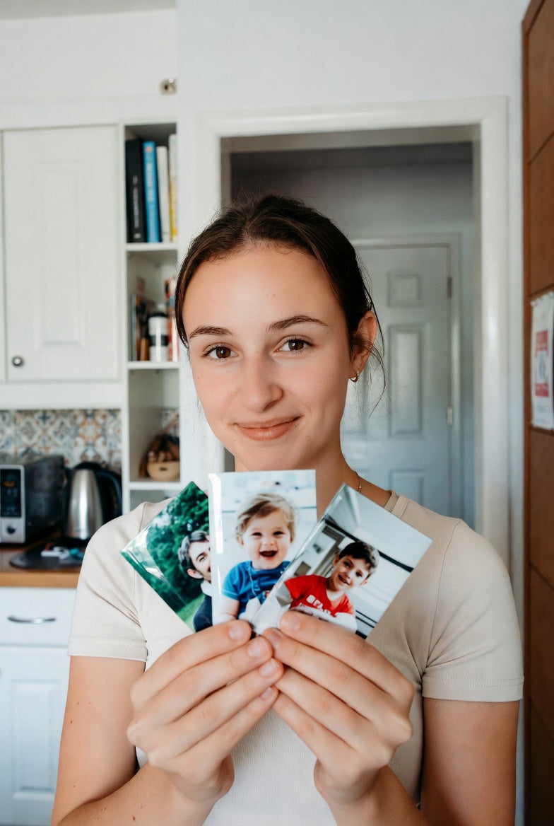 Woman holding a collage of custom photo magnets in a kitchen
