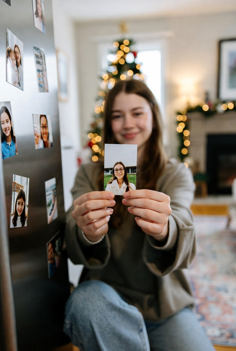 Person holding a custom magnet of themselves in front of a decorated Christmas tree