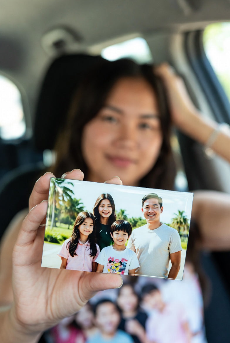 Person holding a family photo magnet inside a car