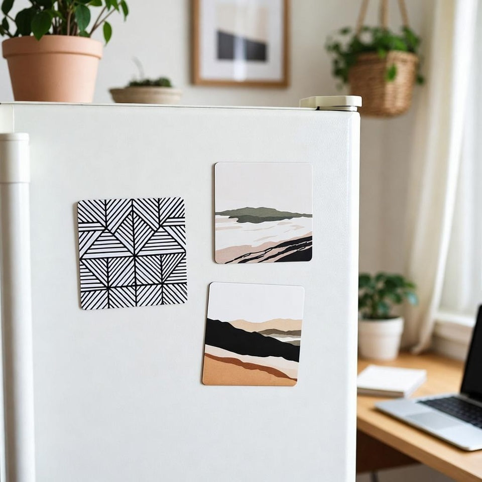 White refrigerator with abstract art magnets in a home setting